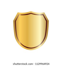 Gold shield shape icon. 3D golden emblem sign isolated on white background. Symbol of security, power, protection. Badge shape shield graphic design Vector illustration