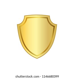 Gold shield shape icon. 3D golden emblem sign isolated on white background. Symbol of security, power, protection. Badge shape shield graphic design Vector illustration