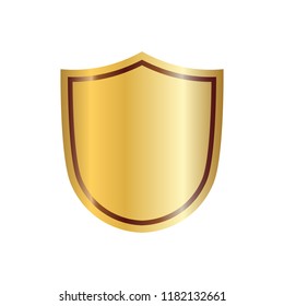 Gold shield shape icon. 3D golden emblem sign isolated on white background. Symbol of security, power, protection. Badge shape shield graphic design Vector illustration