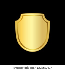 Gold shield shape icon. 3D golden emblem sign isolated on black background. Symbol of security, power, protection. Badge shape shield graphic design Vector illustration