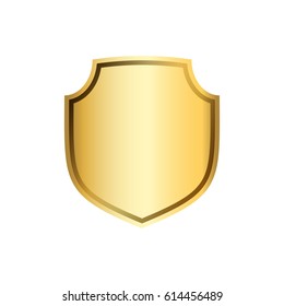 Gold shield shape icon. 3D golden emblem sign isolated on white background. Symbol of security, power, protection. Badge shape shield graphic design Vector illustration