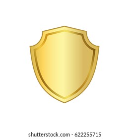 Gold shield shape icon. 3D golden emblem sign isolated on white background. Symbol of security, power, protection. Badge shape shield Vector illustration