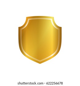 Gold shield shape icon. 3D golden emblem sign isolated on white background. Symbol of security, power, protection. Shape shield graphic design Vector illustration