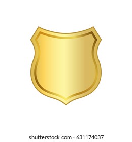 Gold shield shape icon. 3D golden emblem sign isolated on white background. Symbol of security, power, protection. Badge shape shield graphic design Vector illustration