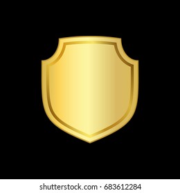 Gold shield shape icon. 3D golden emblem sign isolated on black background. Symbol of security, power, protection. Badge shape shield graphic design Vector illustration