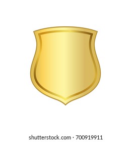 Gold shield shape icon. 3D golden emblem sign isolated on white background. Symbol of security, power, protection. Badge shape shield graphic design Vector illustration