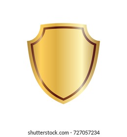 Gold shield shape icon. 3D golden emblem sign isolated on white background. Symbol of security, power, protection. Badge shape shield graphic design Vector illustration