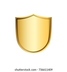 Gold shield shape icon. 3D golden emblem sign isolated on white background. Symbol of security, power, protection. Badge shape shield graphic design Vector illustration