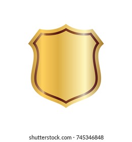 Gold shield shape icon. 3D golden emblem sign isolated on white background. Symbol of security, power, protection. Badge shape shield graphic design Vector illustration