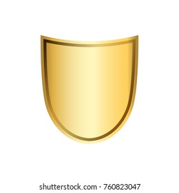Gold shield shape icon. 3D golden emblem sign isolated on white background. Symbol of security, power, protection. Badge shape shield graphic design Vector illustration