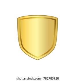 Gold shield shape icon. 3D golden emblem sign isolated on white background. Symbol of security, power, protection. Badge shape shield graphic design Vector illustration