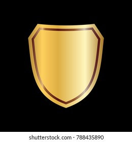 Gold shield shape icon. 3D golden emblem sign isolated on black background. Symbol of security, power, protection. Badge shape shield graphic design Vector illustration