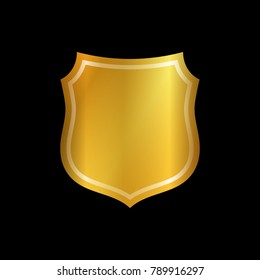 Gold shield shape icon. 3D golden emblem sign isolated on black background. Symbol of security, power, protection. Badge shape shield graphic design Vector illustration