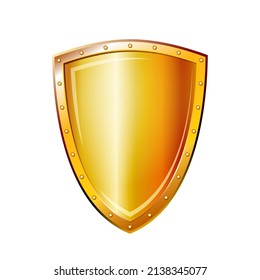 Gold shield shape icon. Golden emblem sign isolated on white background. Symbol of security, power, protection. Vector illustration