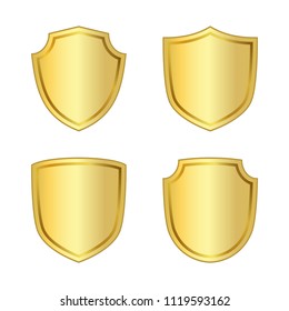 Gold shield shape icons set. 3D golden emblem signs isolated on white background. Symbol of security, power, protection. Badge shape shield graphic design Vector illustration
