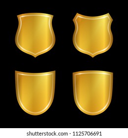 Gold shield shape icons set. 3D golden emblem signs isolated on black background. Symbol of security, power, protection. Badge shape shield graphic design Vector illustration