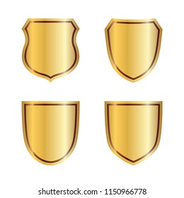 Gold shield shape icons set. 3D golden emblem signs isolated on white background. Symbol of security, power, protection. Badge shape shield graphic design Vector illustration