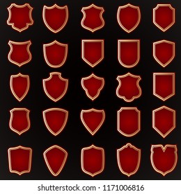 Gold shield shape icons set. 3D golden emblem signs isolated on black background. Symbol of security, power, protection. Badge shape shield graphic design illustration eps10.