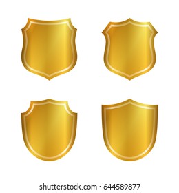 Gold shield shape icons set. 3D golden emblem signs isolated on white background. Symbol of security, power, protection. Badge shape shield graphic design Vector illustration