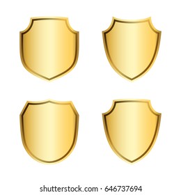 Gold shield shape icons set. 3D golden emblem signs isolated on white background. Symbol of security, power, protection. Badge shape shield graphic design Vector illustration