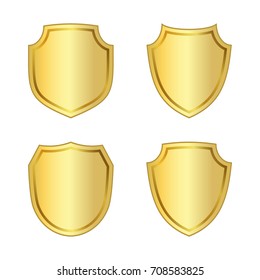Gold shield shape icons set. 3D golden emblem signs isolated on white background. Symbol of security, power, protection. Badge shape shield graphic design Vector illustration