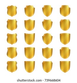Gold shield shape icons set. 3D golden emblem signs isolated on white background. Symbol of security, power, protection. Badge shape shield graphic design Vector illustration