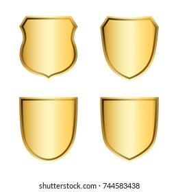 Gold shield shape icons set. 3D golden emblem signs isolated on white background. Symbol of security, power, protection. Badge shape shield graphic design Vector illustration