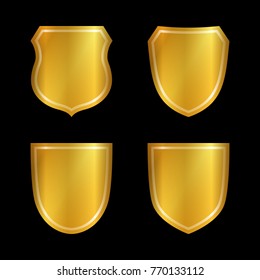 Gold shield shape icons set. 3D golden emblem signs isolated on black background. Symbol of security, power, protection. Badge shape shield graphic design Vector illustration