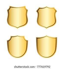 Gold shield shape icons set. 3D golden emblem signs isolated on white background. Symbol of security, power, protection. Badge shape shield graphic design Vector illustration