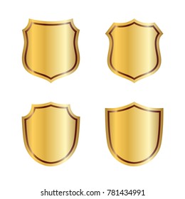 Gold shield shape icons set. 3D golden emblem signs isolated on white background. Symbol of security, power, protection. Badge shape shield graphic design Vector illustration
