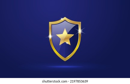 Escudo dorado con estrella brillante, marco dorado del escudo de vidrio, Seguridad y privacidad