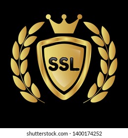 Gold shield with SSL text – Vintage luxury logo with the SSL text, Can be used for celebrations, anniversaries. Logo for your company. Victory logo for bussines. gold color
