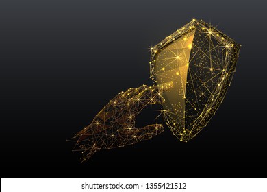 Gold Shield and touch. Abstract wireframe vector illustration on dark background. Protect and Security of Safe concept. Low poly golden starry sky digital 3d modern image. Polygonal knight sign