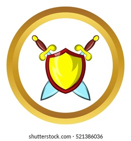 Gold shield with two crossed knight swords vector icon in golden circle, cartoon style isolated on white background
