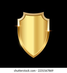 Gold shield vector illustration. Realistic isolated golden armory trophy with metal coat, 3d luxury safety protection emblem, vintage blank shiny royal award.