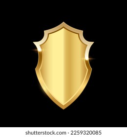 Gold shield vector illustration. Realistic isolated golden armory trophy with metal coat, 3d luxury safety protection emblem, vintage blank shiny royal award.