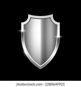 Gold shield vector illustration. Realistic isolated golden armory trophy with metal coat, 3d luxury safety protection emblem, vintage blank shiny royal award isolated on black background.