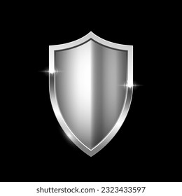 Gold shield vector illustration. Realistic isolated golden armory trophy with metal coat, 3d luxury safety protection emblem, vintage blank shiny royal award isolated on black background.