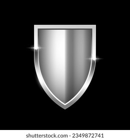 Gold shield vector illustration. Realistic isolated golden armory trophy with metal coat, 3d luxury safety protection emblem, vintage blank shiny royal award isolated on black background.
