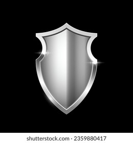 Gold shield vector illustration. Realistic isolated golden armory trophy with metal coat, 3d luxury safety protection emblem, vintage blank shiny royal award isolated on black background.