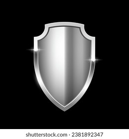 Gold shield vector illustration. Realistic isolated golden armory trophy with metal coat, 3d luxury safety protection emblem, vintage blank shiny royal award isolated on black background.