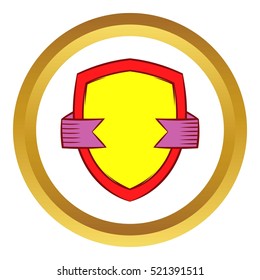 Gold shield with violet ribbon vector icon in golden circle, cartoon style isolated on white background