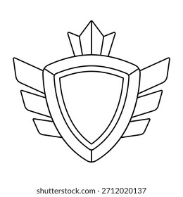 Gold shield with wings and crown. Game award for the winners. Illustration of prize for sports competitions.