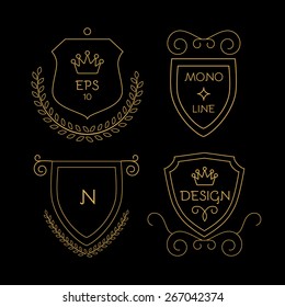 Gold shields badge set in line style. Vector illustration