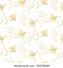 Gold shimmer placer seamless pattern. Glitter vector white background.