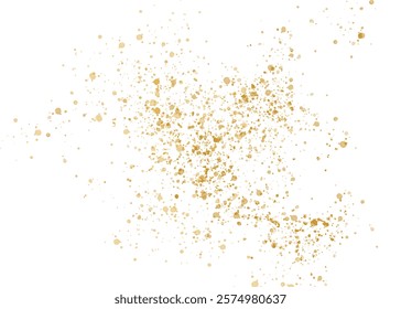 Gold shimmering glitter particles, scatter of sparkling confetti. Festive golden splatter decor isolated on transparent background