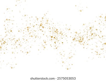 Gold shimmering glitter particles, scatter of sparkling confetti. Festive golden splatter decor isolated on transparent background