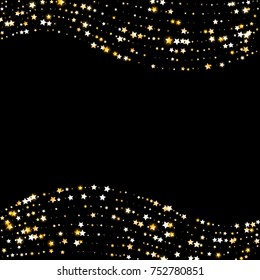Gold Shimmering Stars on Black Background with Free Space. Greeting Card, Invitation, Wedding Template with Glittering Golden Stars Confetti. Night Sky Vector Background for Luxury, Glamour Design.