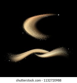 Gold shimmering waves sets, light bright luxury effect isolated on black abstract background, stars dust trail scatter, motion of lines vector illustration