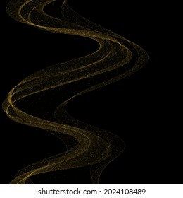 Partículas doradas brillantes en el patrón de ondas. Oleada sobre un fondo negro. Elemento de diseño